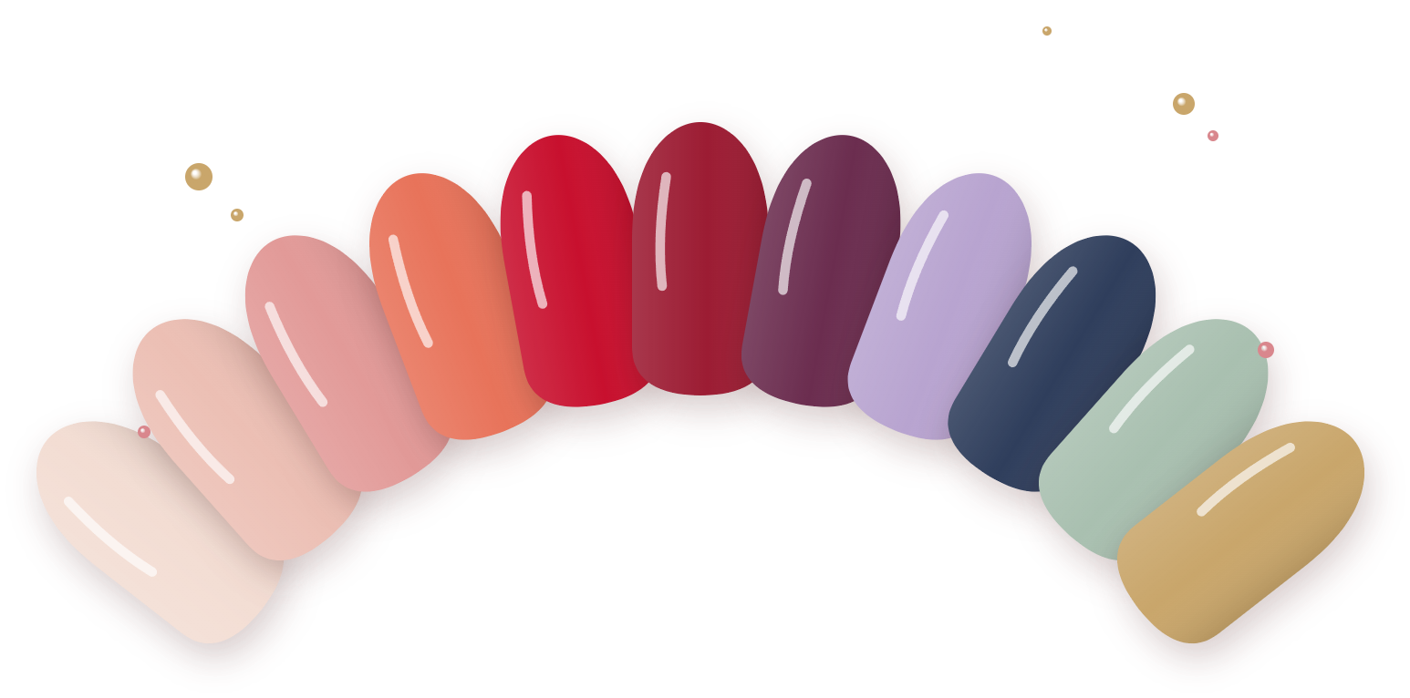 Illustration of a fan of eleven glossy nails in polish colors from nude and coral to red, plum, lavender, navy, sage and gold